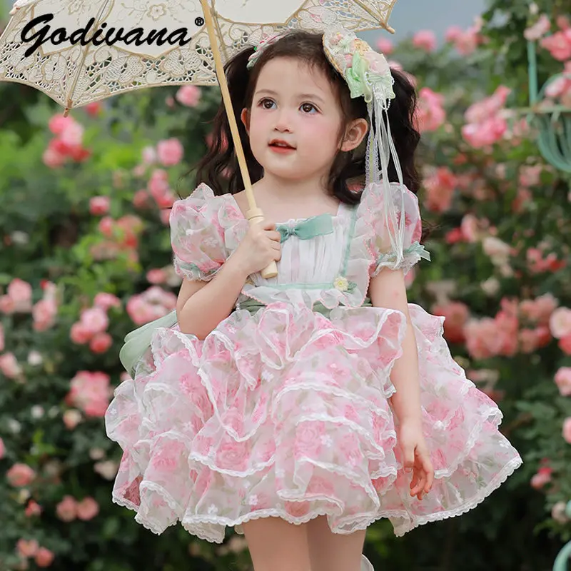 

Sweet Baby Girls 2026 Summer New Short Sleeve Lolita Princess Dress Kids Floral Print Cute Bow High Waist Mesh Pleated Dress