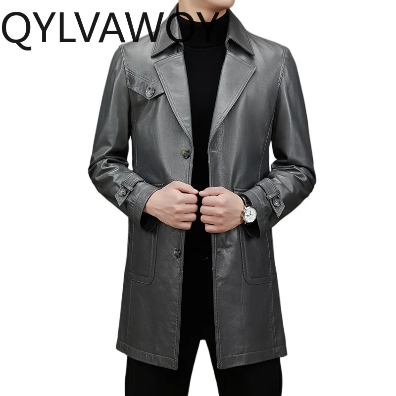 QYLVAWOY Genuine Cow Leather Jacket for Man Business Casual Mid-length Men Coats Stylish Korean-style Jackets New Куртка Осенняя