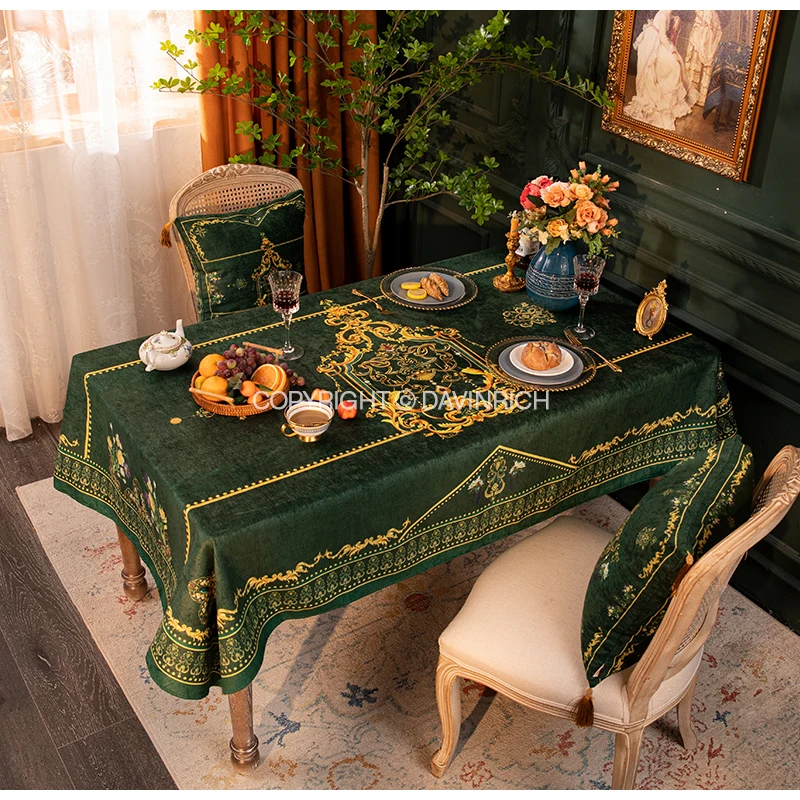 DAVINRICH European Palace Style Table Cloth Cover Gold Damask Floral Print Romantic Tabletop Fabric Luxury Tablecloth Dark Green