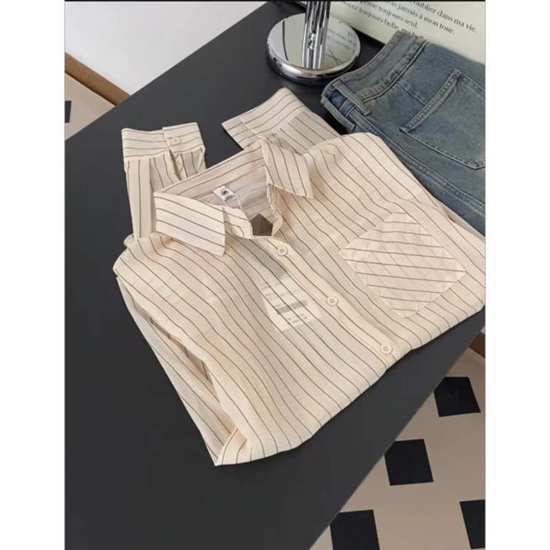 

Sun Protection College Style Shirt Collar Design Slimming Striped Beige Top Women's Casual Fashion Summer Long Sleeve Blouse