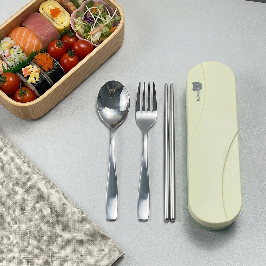 Portable Cutlery Set Stainless Steel Utensils Forks and Spoons Chopsticks Travel Camping Flatware Holder Case for School Kids