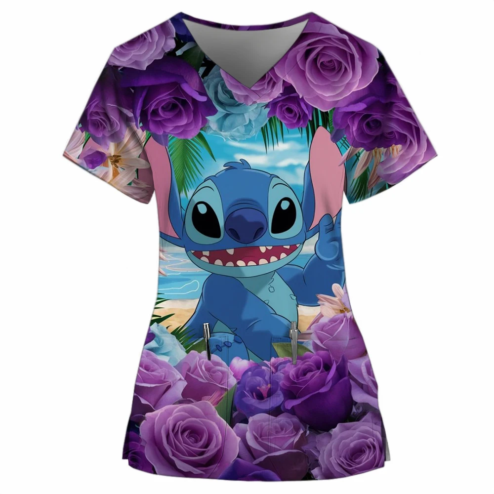 Disney Stitch print Nurse Scrubs Tops Christmas Unisex Medical Uniform Cartoon Nurse Scrubs T-shirts Dentist Beauty Spa Workwear