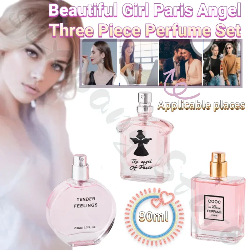 Linda menina paris anjo conjunto de três peças pequeno vestido preto perfume feminino fresco de longa duração luz fragrância caixa de presente conjunto