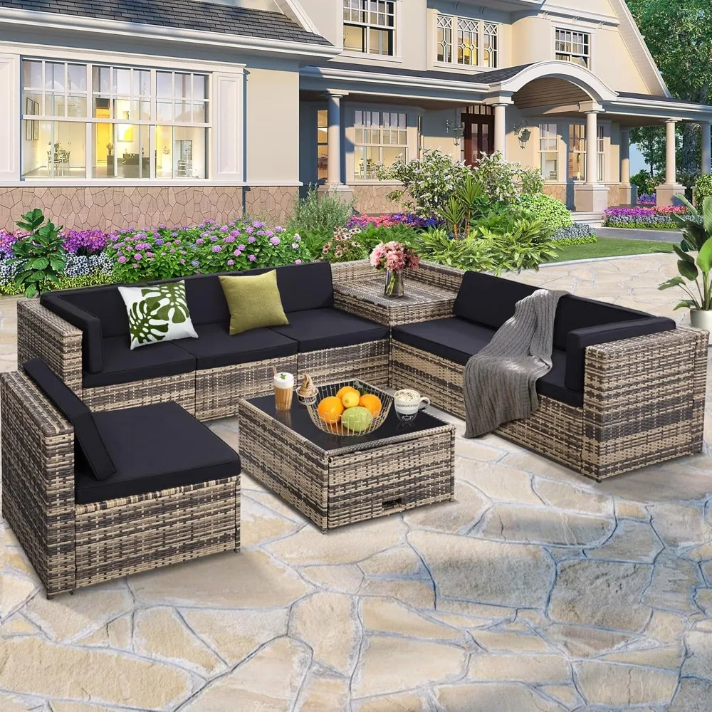 Outdoor Wicker Rattan Patio Furniture Sectional Set, Glass Top Table with Hidden Storage,  Natural Color Rattan with Cushion