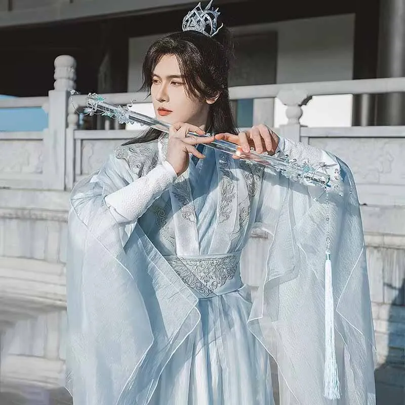 Large Size 3XL Hanfu Men Chinese Embroidery Light-blue Hanfu Suit Male Halloween Carnival Cosplay Costume Party Outfit Hanfu XXL