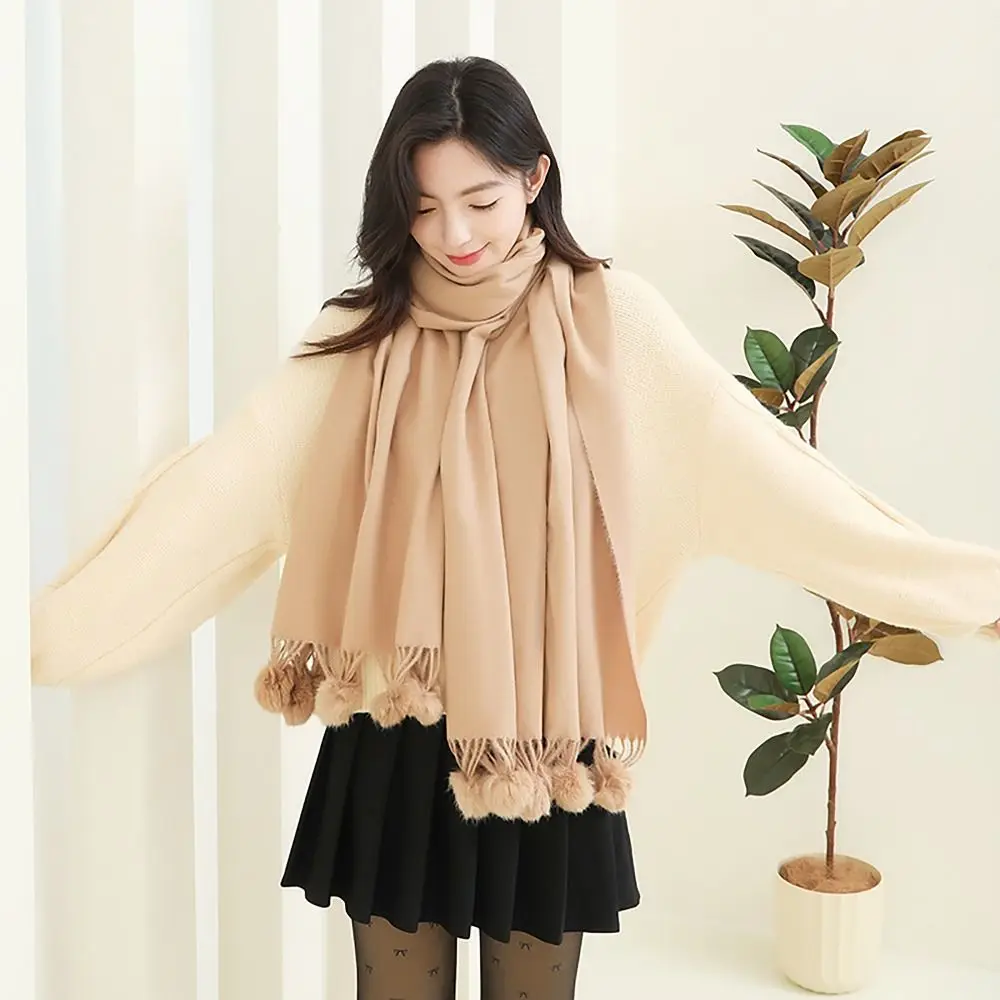 200x70cm Knitted Scarf Wool All-match Thickened Shawl Plush Tassel Ball Winter Warm Thermal Neck Warmer for Women Girls Maiden