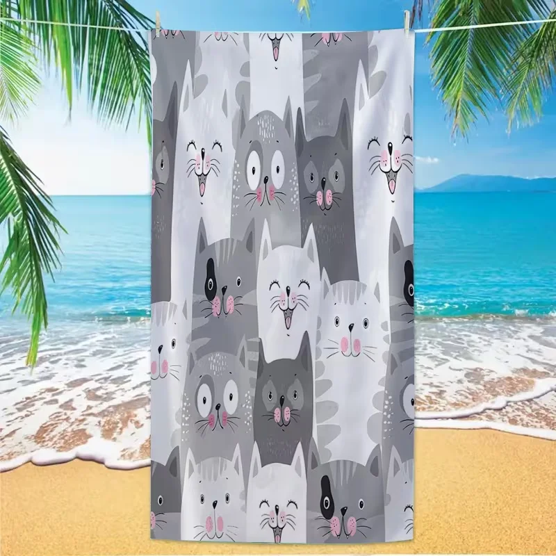 Cute Cartoon Cat Pattern Beach Towel Minimal Kitten Animal Print Absorbent Quick Dry Soft Towel for Beach Pool Vacation