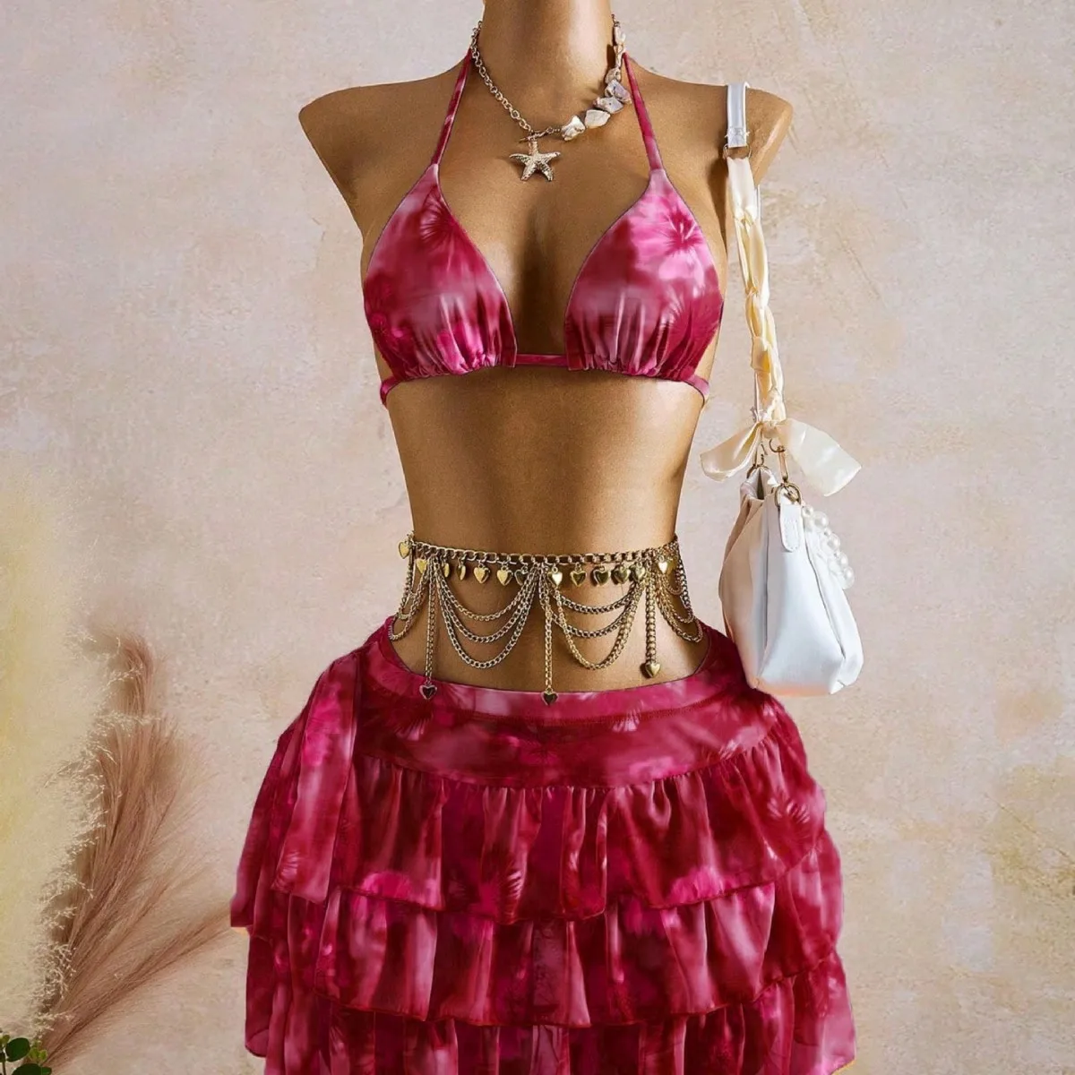 Tropical Palm Tie Dye 3 Piece Bathing Suit Fuchsia Gradient Print Halter Bikini Multi Layer Ruffle Cover Up Skirt Pool Swimwear