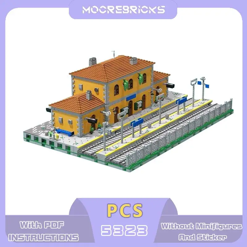 MOC Italienischer Bahnhof Bausteine Klassische Europäische Retro-Eisenbahnplattform Modulare Stadtansicht Ziegelstein-Modell