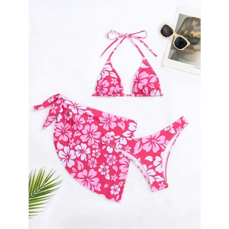 Costume da bagno micro bikini con motivo floreale donna sexy bikini a triangolo con lacci gonna copricostume estate 2025 nuovi bikini da spiaggia 3 pezzi