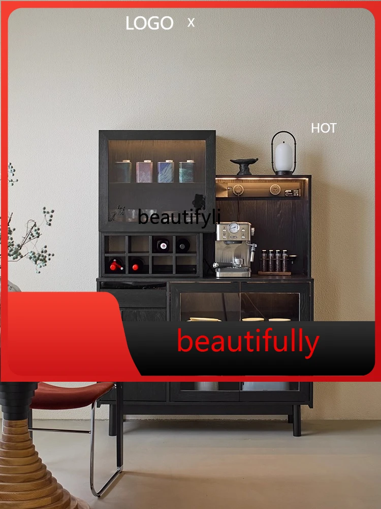 

X side of the meal, integrated storage against the wall, tea cabinet, black solid wood storage, coffee side cabinet