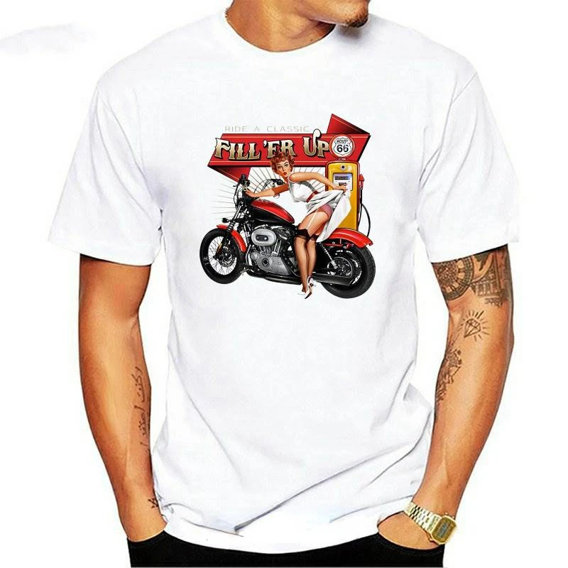 Filler Up Pinup Sexy Girl Motorcycles Vintage Graphic T-shirts Summer Women Men Fashion Hip-hop Casual Tshirt Camisetas Tops Tee