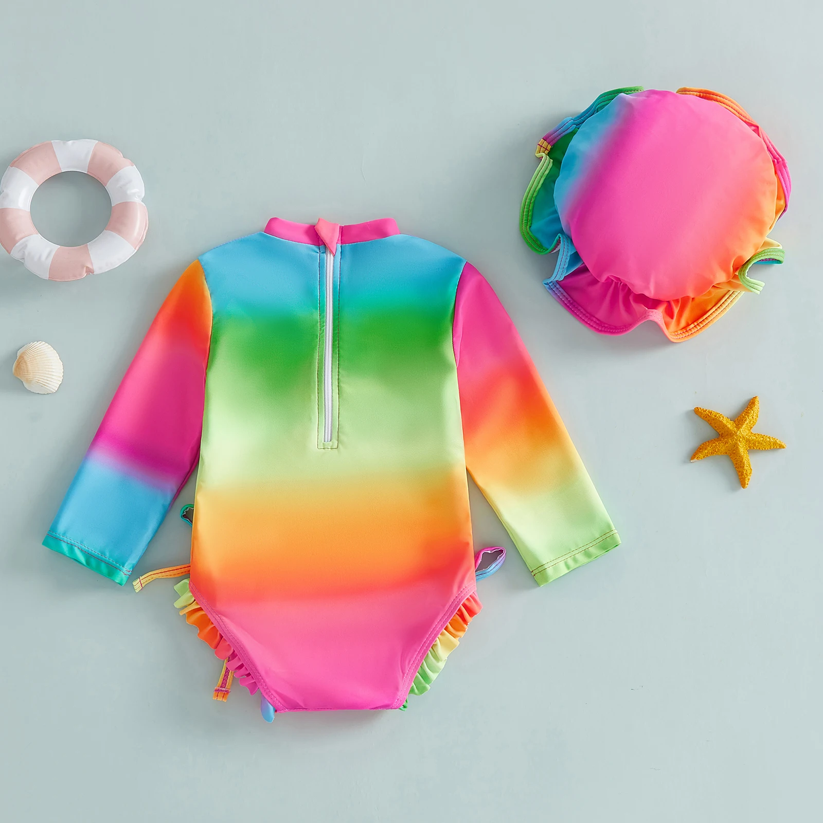 Toddler Girls Swimsuits Cute Swan Bow Flower Print Rash Guard Long Sleeve O-Neck Romper Swimwear and Hat Set for Pool Beach
