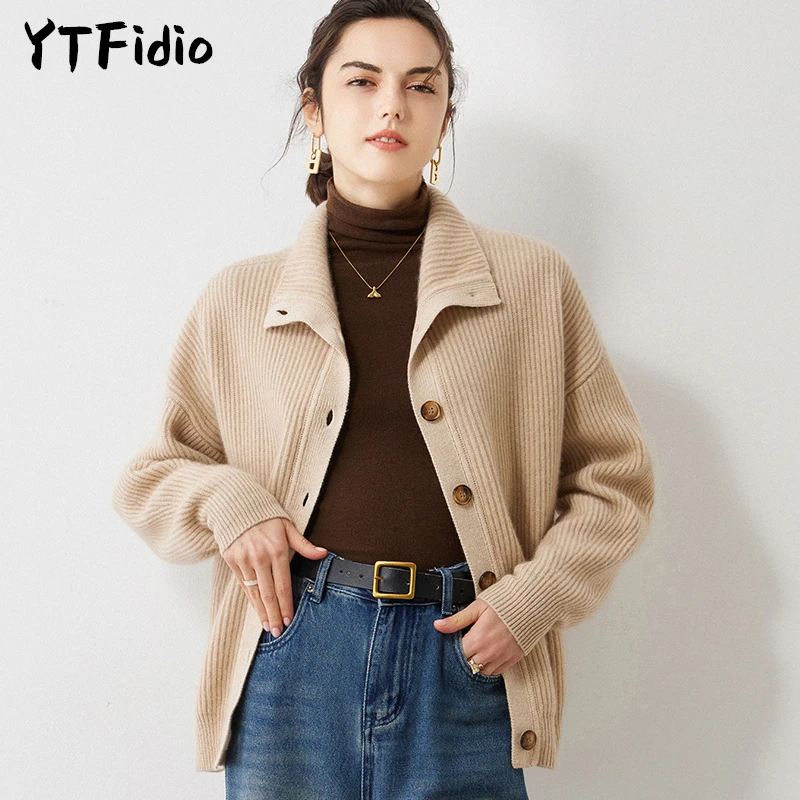 YTFidio 100% Cashmere Women Basin Necked Cardigan Warm Soft Buttons Cardigan Office Lady Solid Pullover Female Tops 14