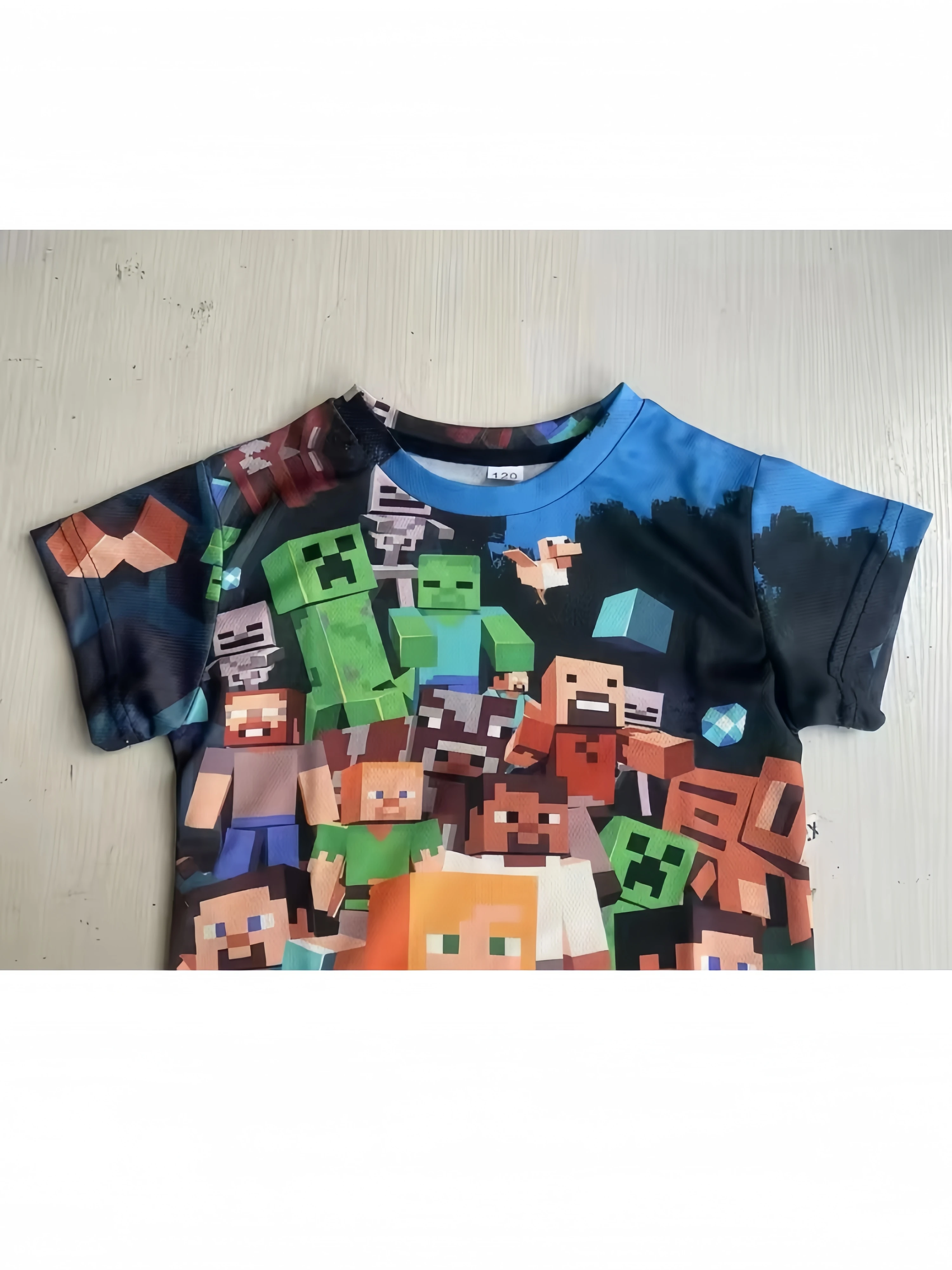 Uniqlo-T-shirt imprimé Minecraft 3D pour garçons et filles, décontracté, estival, mignon, bâtiment, nuits, dessin animé, haut populaire à l'intérieur et à l'extérieur