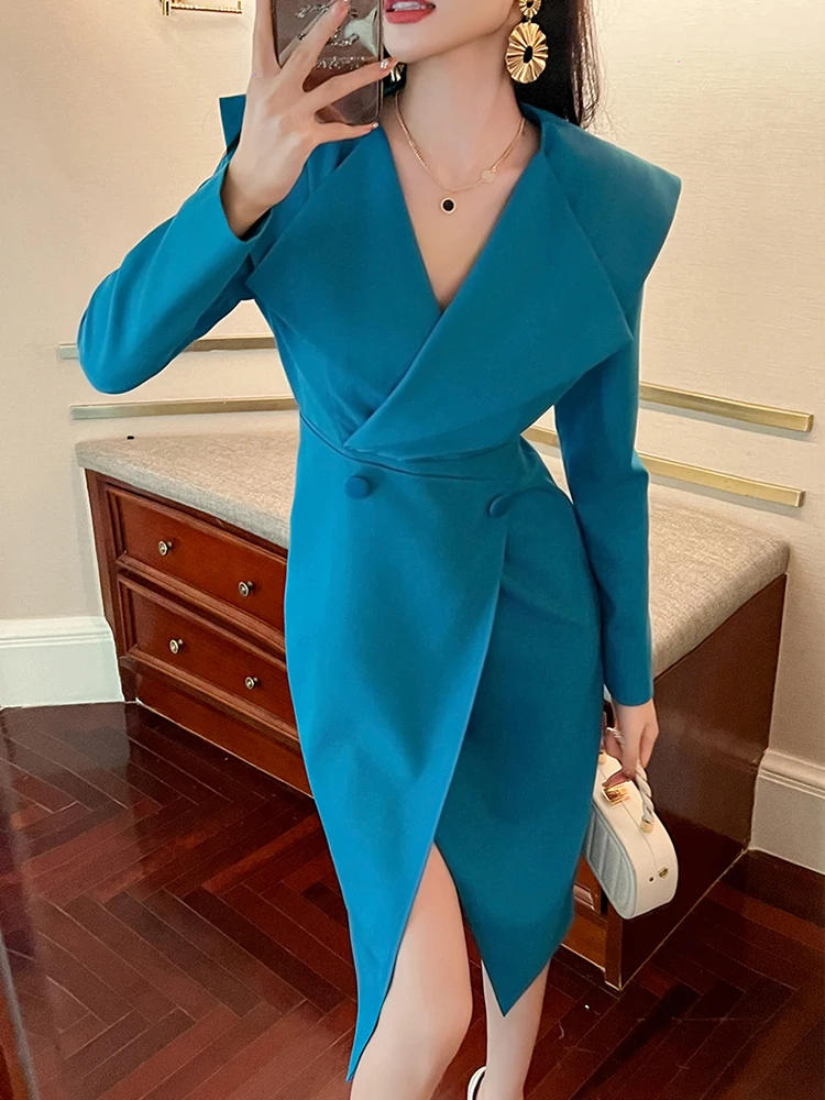 Women's Professional Style Midi Dress Formal OL Elegant Blue High Waist Split Long Sleeve Robe Femme Business Party Vestidos