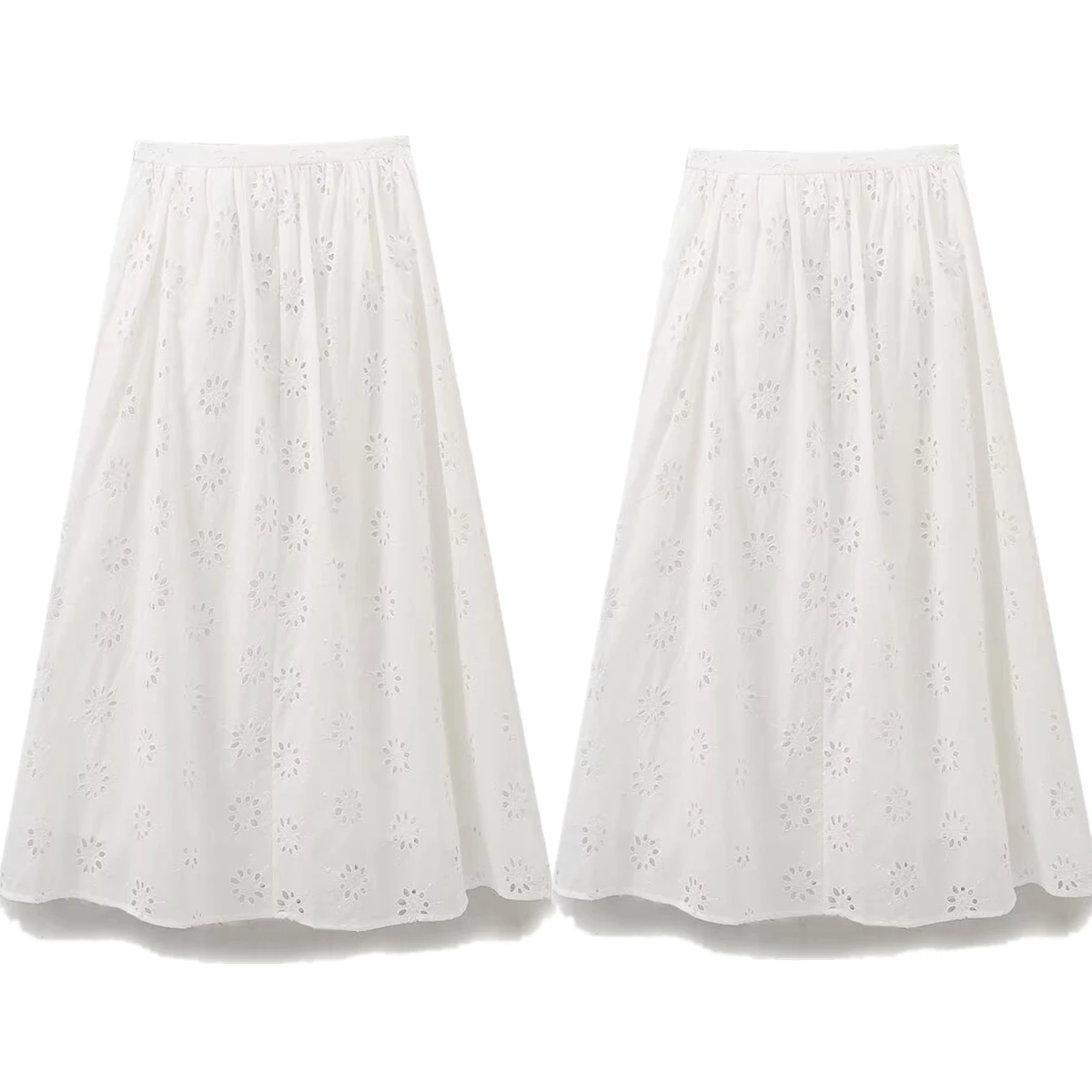 

Withered Commuter High Skirt Women Waist A-line Midi Skirts Minimalist Embroidery Fashion Ladies Hollow Out White