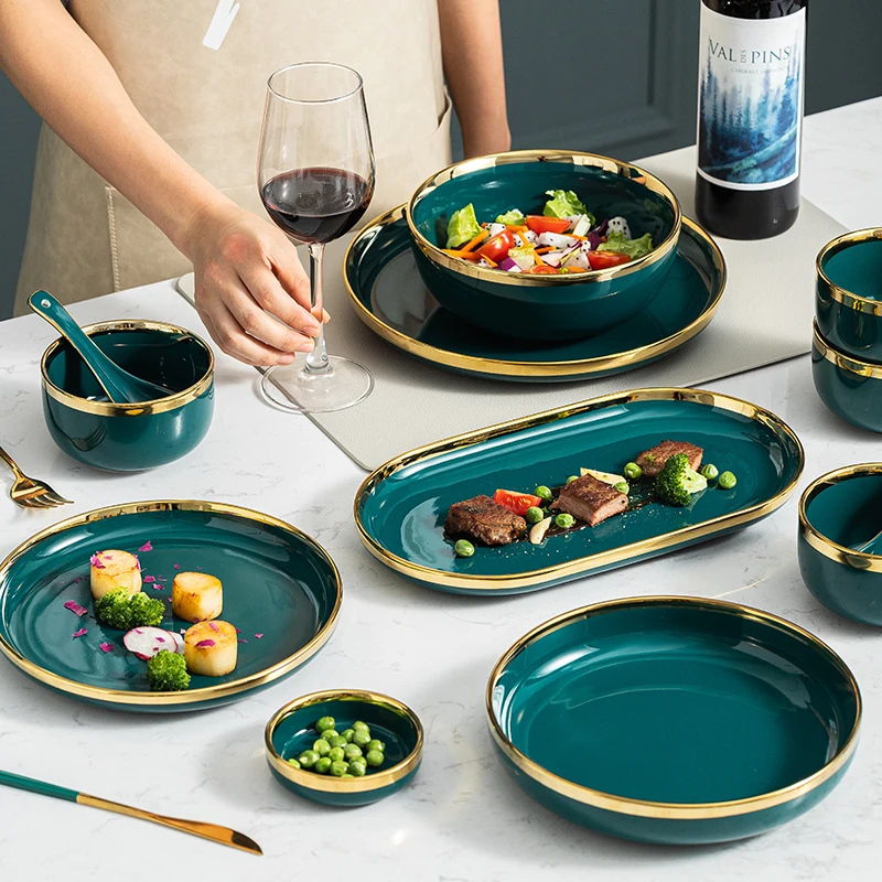 29PCS 4/6 Person Tableware Set Ceramic Plates and Bowls Set Green Dinnerware Set Serving Dishes Set Kitchen Restaurant Hotel