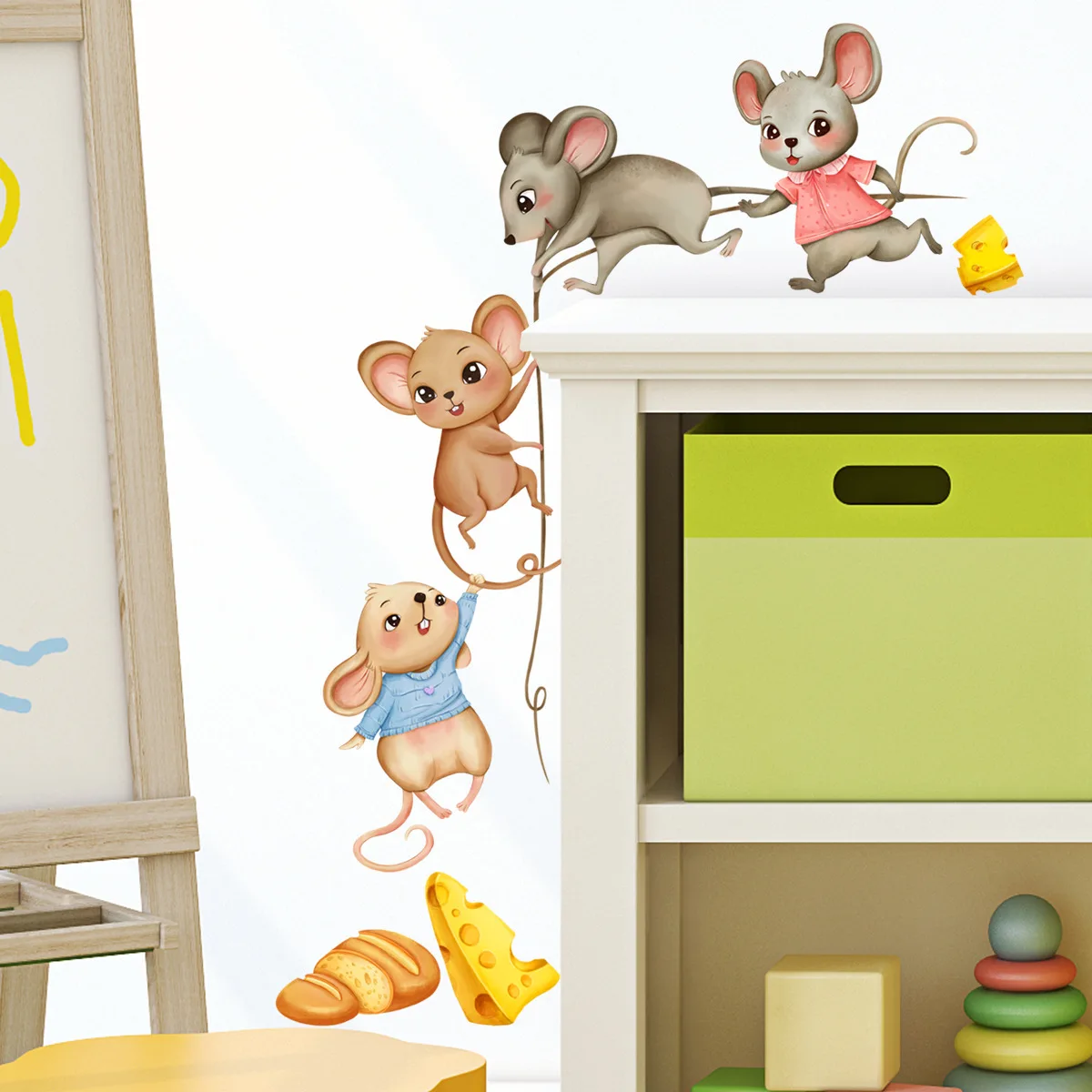 Little Mouse Moving Food Sticker Kitchen Kids Room TV Background Wall Decor Cartoon Mice Cooperate To Move Food Wall Stickers