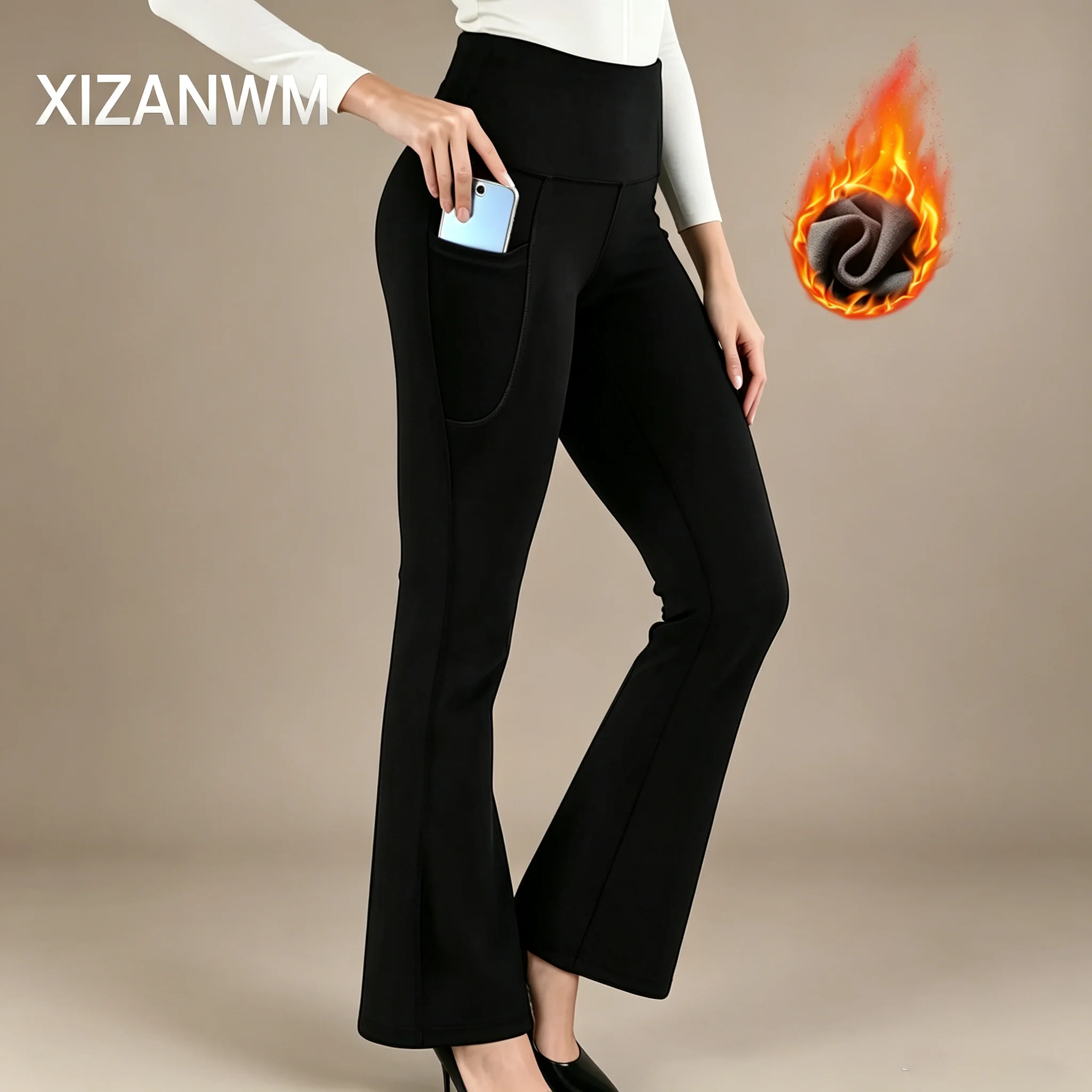 High waist hip lifting Yoga flare leggings with pockets tummy control solid color fitness women's pants sport slim warm pants