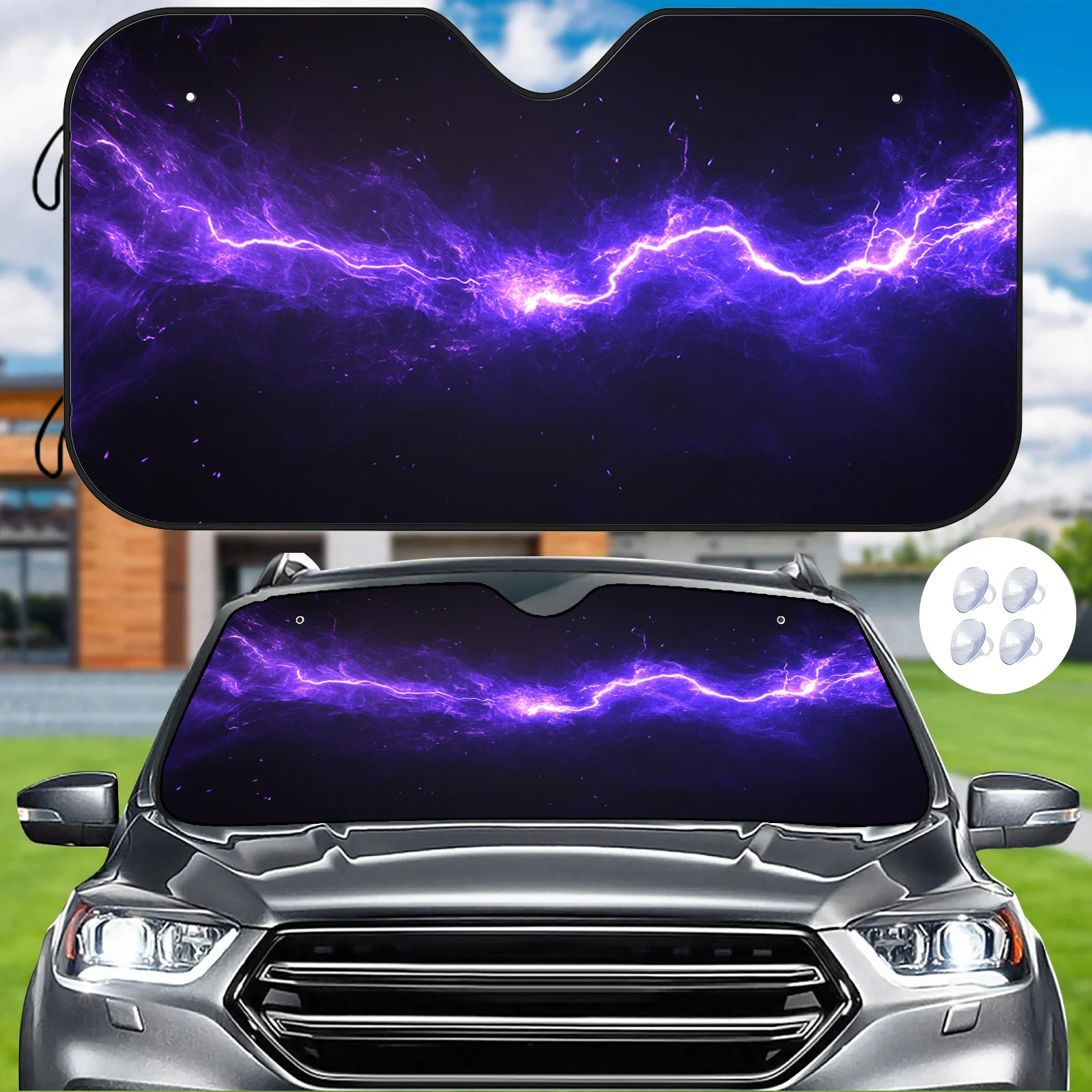 

1pc Purple Electric Lightning Pattern Car Windshield Sunshade - Fit Heat Insulation & Scratch-Resistant UV Protection To Keep Ca