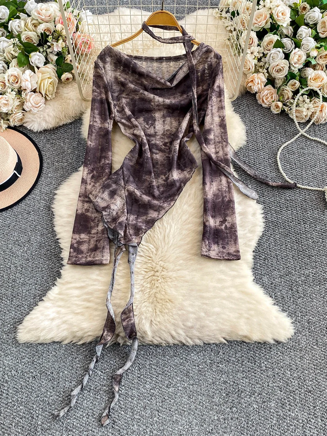 Cseta Sexy de Manga Larga Estilo Americano para Mujer, Ajustada, E, con Diseño de Cinta Asimétrica Desgastada, Cint...