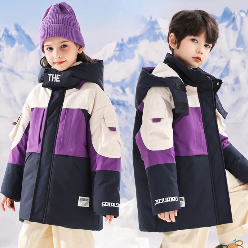 Winter Children Girl Down Jacket Plus Velvet Windproof Hooded Toddler Kid Girls Parkas Spliced Letter Baby Girl Outerwear Outfit