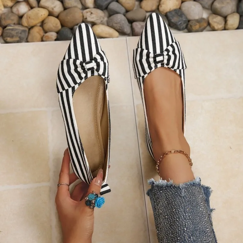 Women's Flats Pointed Toe Striped Slip-On Casual Shoes Knotted Vamp Detail Flat Heel Everyday Footwear Fabric Pull Tab Design