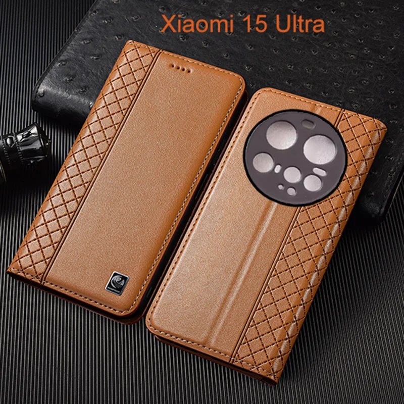 

Napa Inner Grid Genuine Leather Flip Case For Xiaomi Mi 15 Ultra Phone Cover Card Cases Scratch Proof