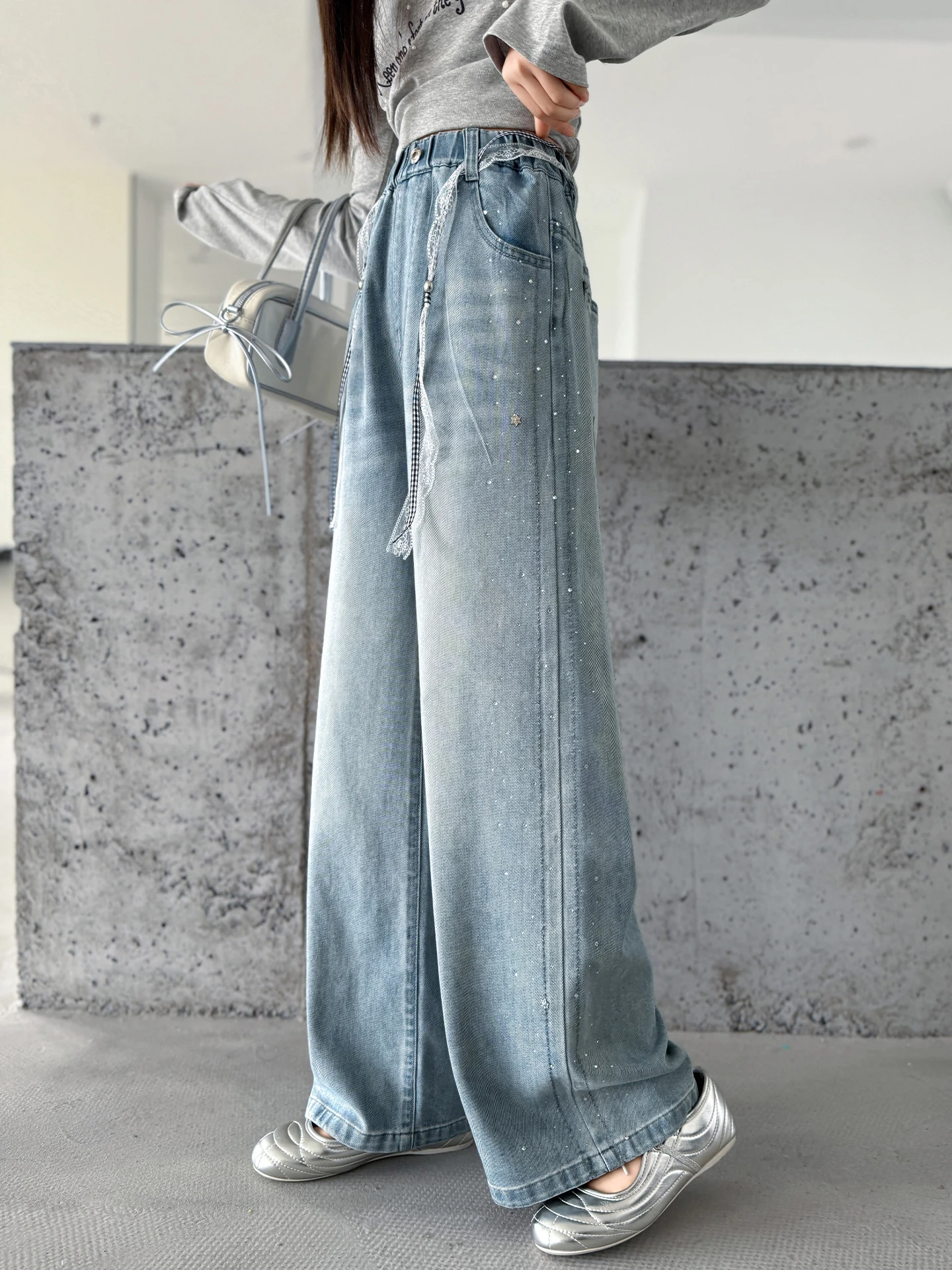 

Spring Faion Girls Jeans Side Rhinestone Straight Leg High Waist Loose Fit No Stretch Denim Pure Color Spring Collection