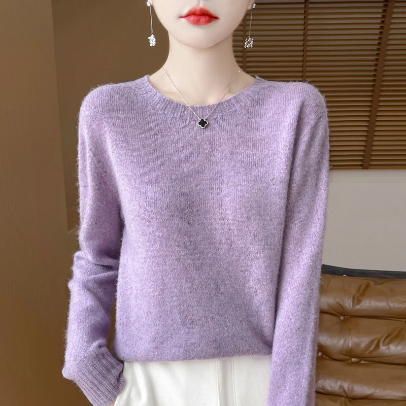 Women\'s Autumn Winter New 100% Wool Sweater, Round Neck Loose Pullover Sweater Dotted Floral Yarn Knitted Sweater Versatile Base