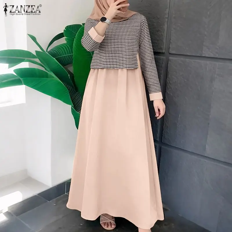 

2026 ZANZEA Women Patchwork Muslim Abaya Dress Spring Sundress Ramadan Robe O Neck Long Sleeve Plaid Dress Kaftan Hijab Dresses