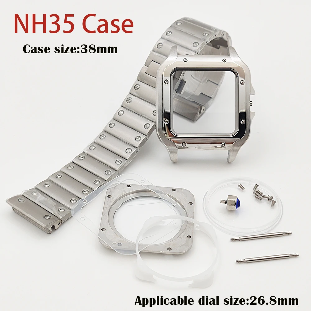 NH35 square case men's watch folding buckle stainless steel case, suitable for Santos watch NH35 NH36 movement watch accessories