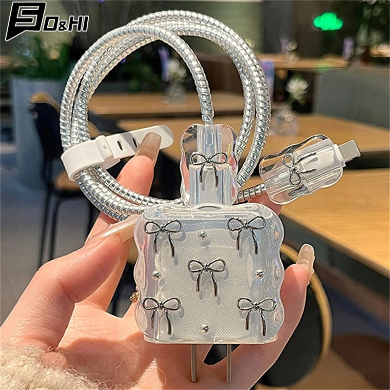 Cute 3D Clear Bowknot New USB Cable Protector Cover For Phone 18W-20W Data Line Bite Head Cord Fast Charging Case