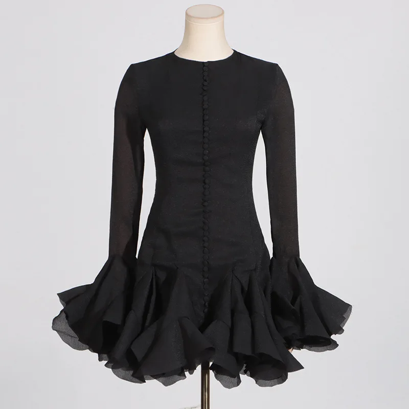 Women's Dress Irregular Pleated Patchwork Fashion Long Lantern Sleeve Waist Cinching Mini Dresses New Female Clothing Vestidos