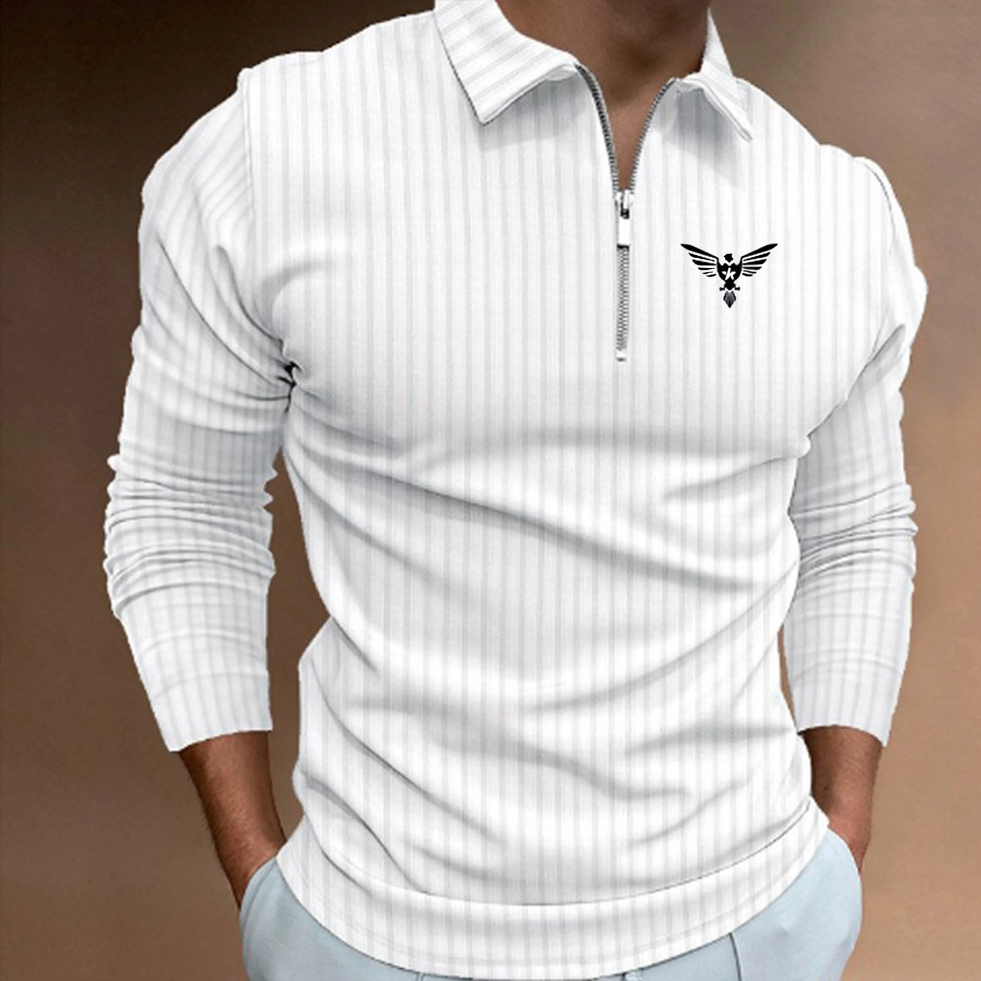 

2026 Men's Spring and Autumn Zipper Striped Polo Shirt Fashionable Loose and Casual Versatile Long Sleeve 100% Polyester Fiber