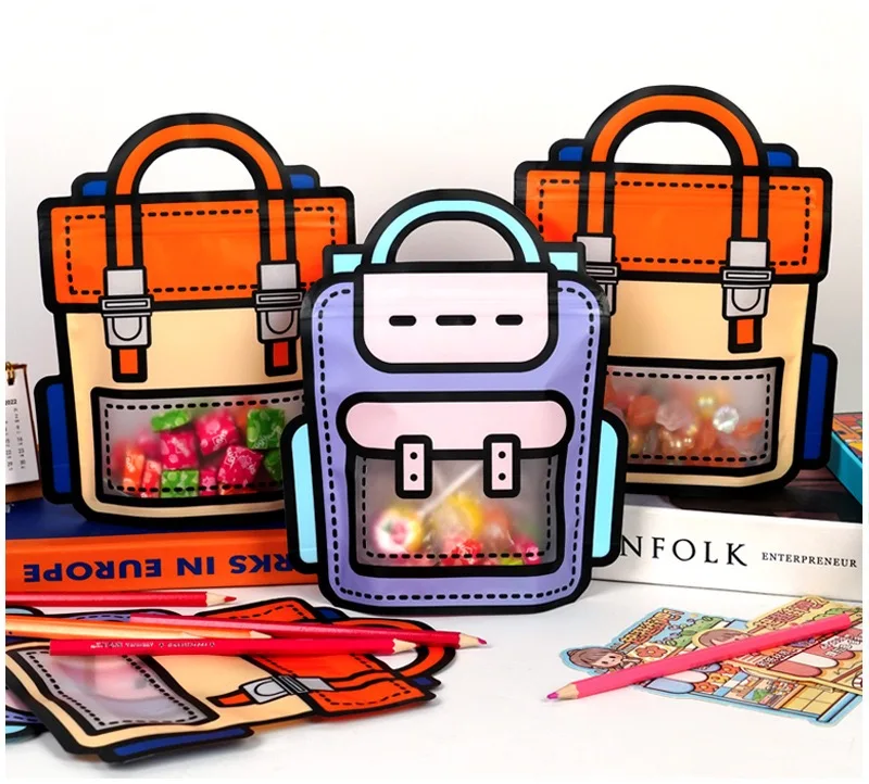 10-50 Stück Cartoon-Snackbeutel mit Selbstverschluss in Schulranzenform für Kekse und Süßigkeiten, Geschenkverpackung für Kindertag und Kindergeburtstag – Detail 13