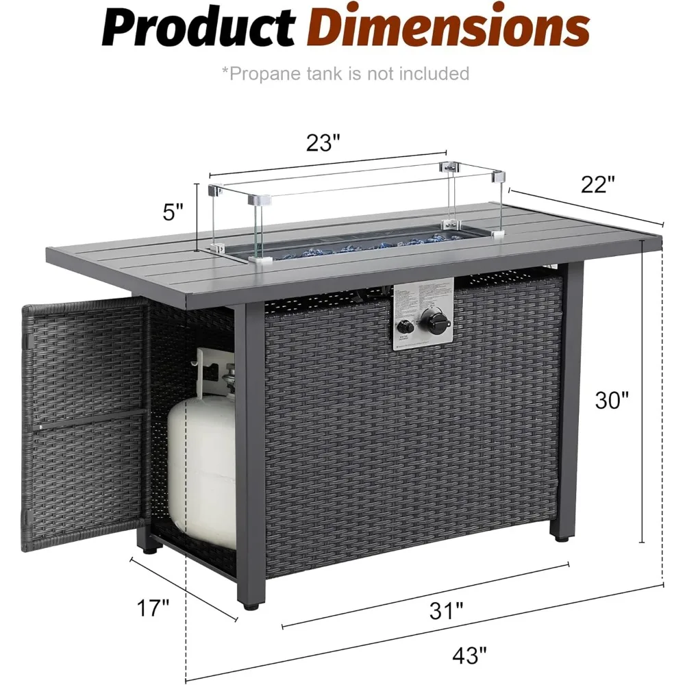Tavolo per focolare a propano da 43 pollici, tavolo per focolare a gas da 50.000 BTU, tavolo per focolare rettangolare certificato CSA con coperchio, piano in alluminio