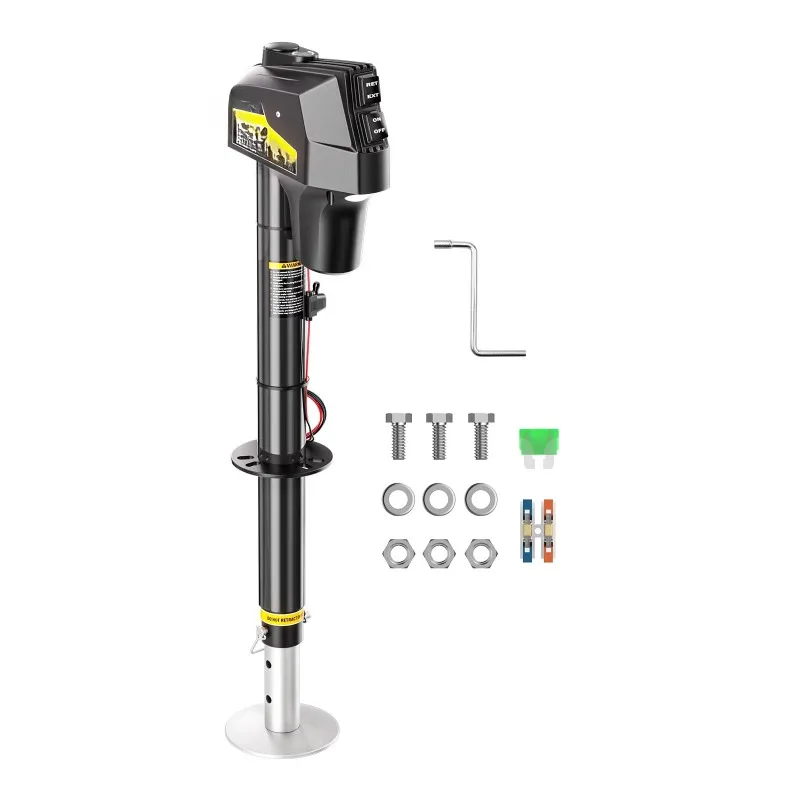 3500 lb Model A Frame Electric Trailer Traction Bar Jack - 12V DC with Manual Crank Handle and LED Light, Black