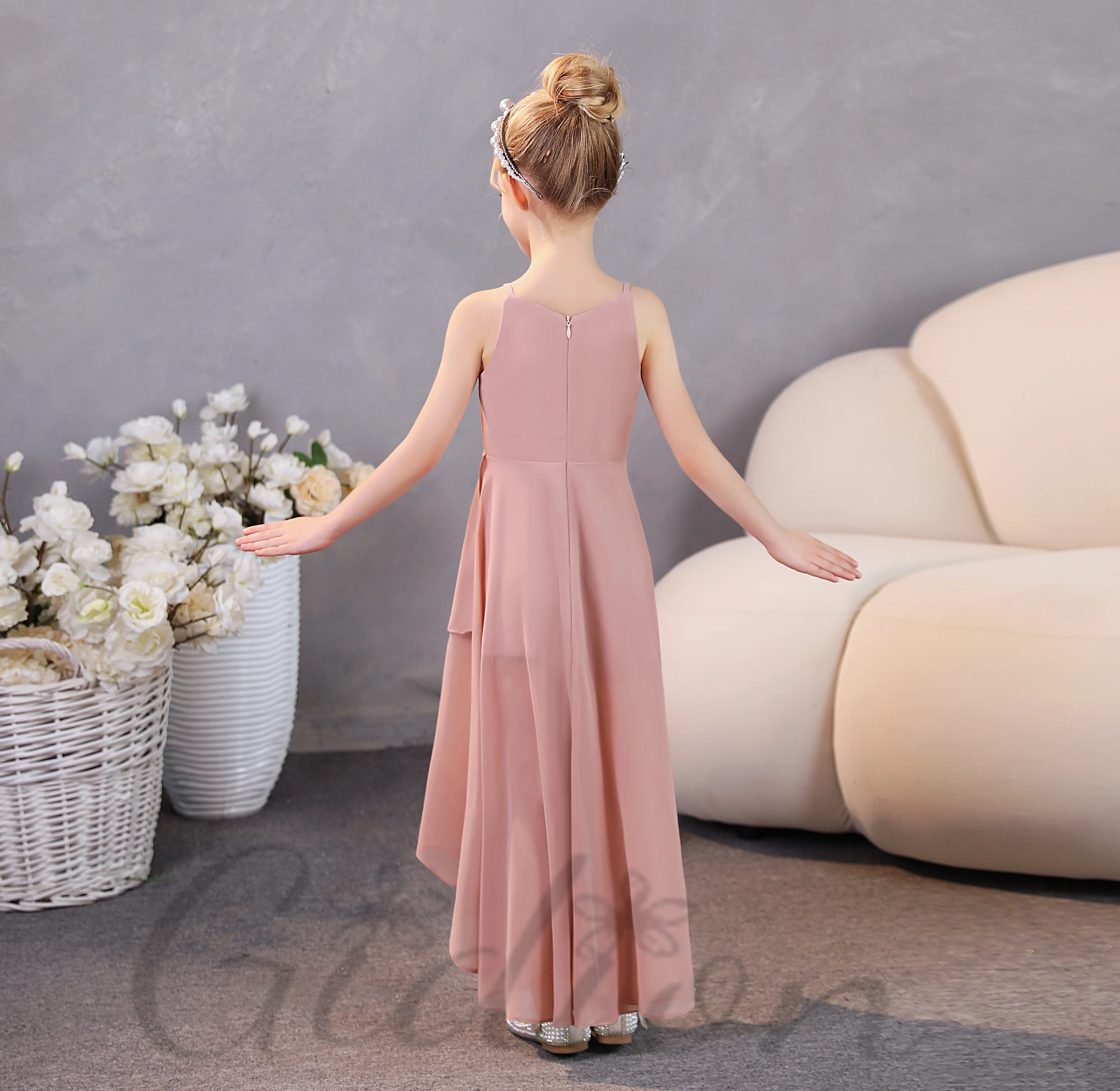 Assymetrical Chiffon Junior Bridesmaid Dress For Kids Wedding Ceremony Show Festivity Celebration Pageant Banquet Prom Night