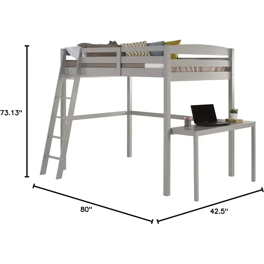 Twin Size Grey Loft Bed with Desk, High-Quality Metal Construction