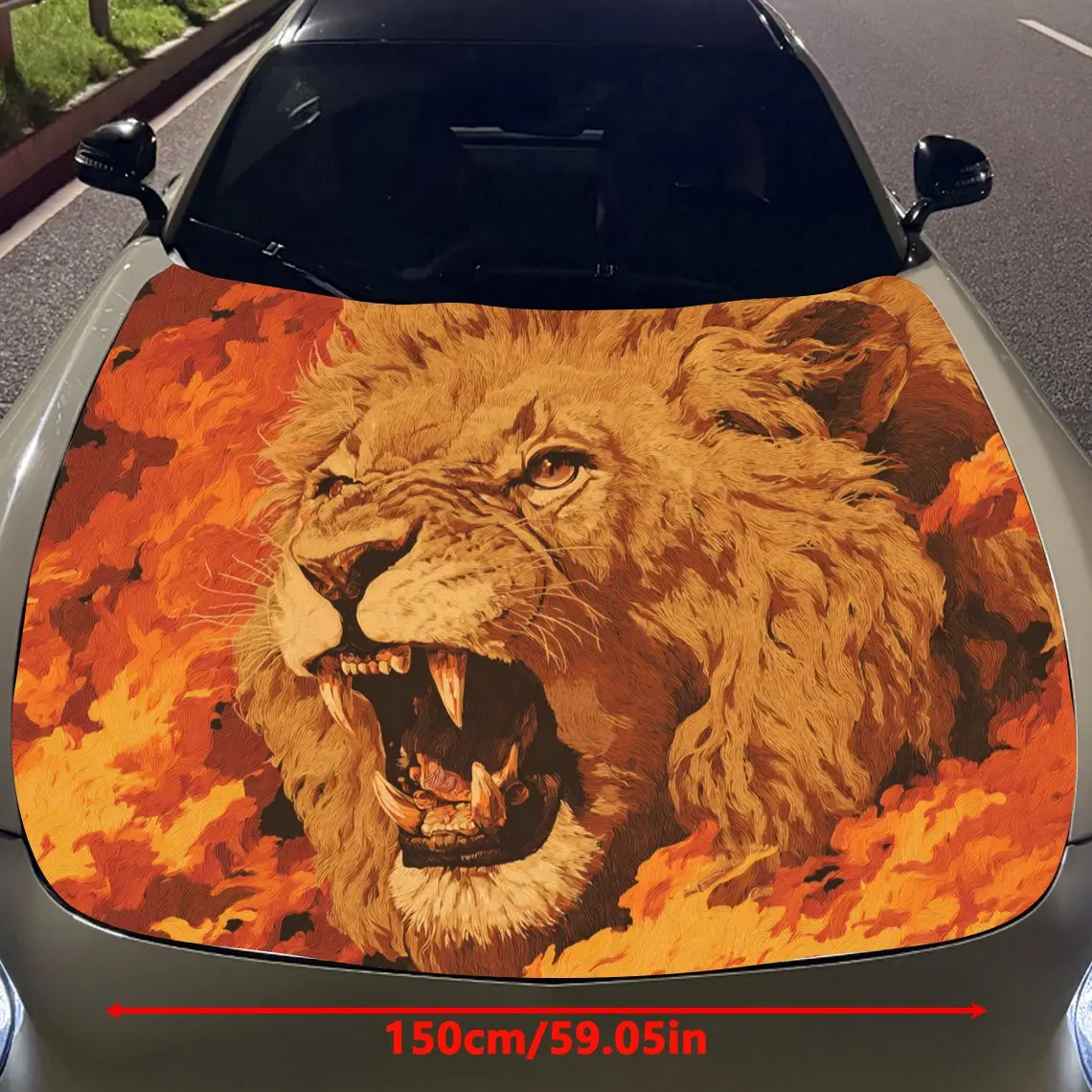 Car Decals Lions with a Thick Mane, Roaring Expression, and a Fiery Orange - Themed Backdrop Car Hood Sticker, Waterproof Self -