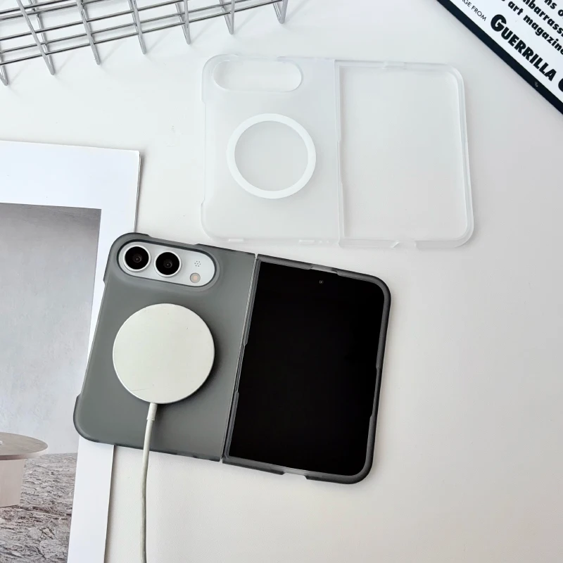 Mattschwarze und transparente Hartschale aus PC für MagSafe Magnetisches Kabelloses Laden, faltbare, stoßfeste Handyhülle für iPhone Duo Bumper Cover – Detail 1