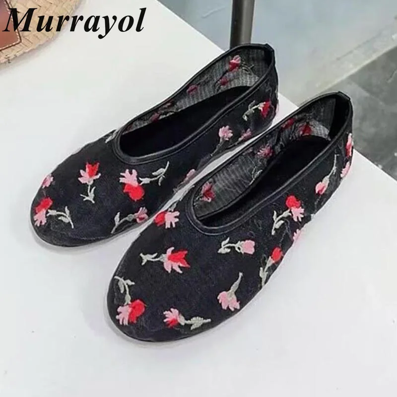 

Round Toe Shallow Mouth Loafers Mesh Embroidery Design Flat Shoes Summer Casual Vacation Lightweight Shoes Mary Jane Shoes