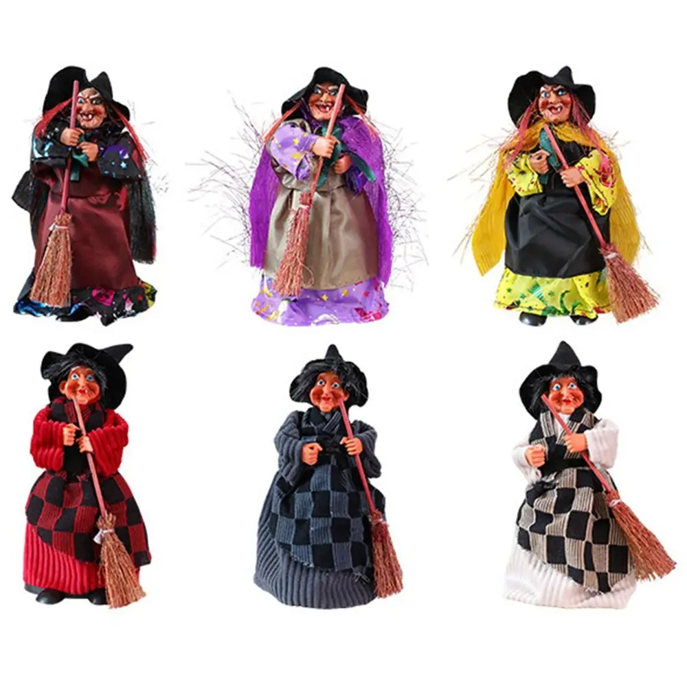 Regalo per bambini Statue di streghe con manico di scopa creativo Divertente retrò Halloween Strega Ornamento Artigianato di stoffa Figurine di streghe Disposizione della scena