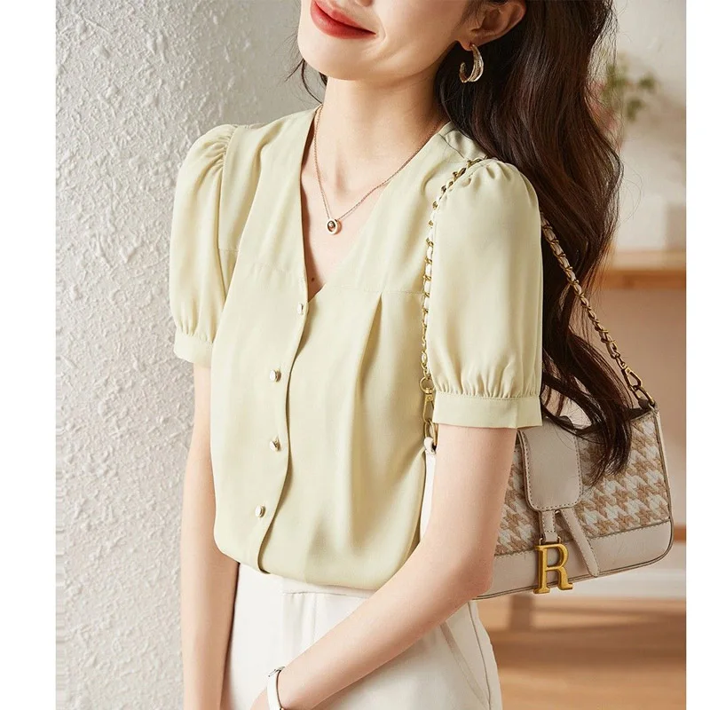 New Fashion Versatile Elegant V-Neck Single-breasted Blouse Women\'s Dropping Classic Short Sleeve Office Chiffon Lady Shirt