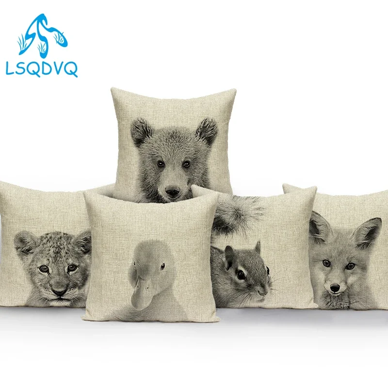 Home Decor Black White Lovely Animals Tiger Elephant Rabbit Polyester Sofa Home Square Cushion Cover Pillowcase For Bedroom