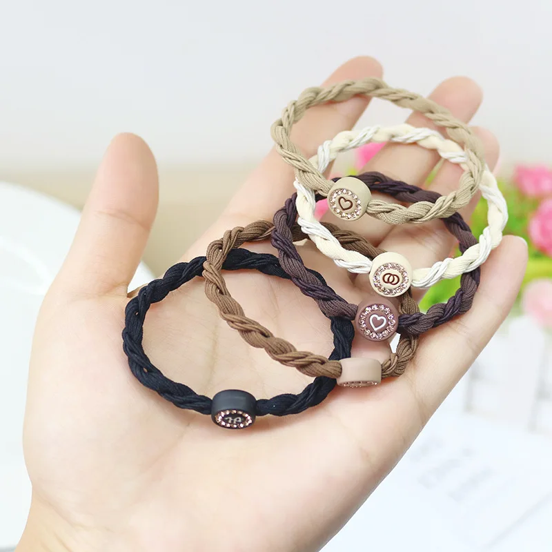 ربطات شعر على شكل ذيل حصان 5 قطعة ربطات شعر كورية مضفرة على شكل قلب من حجر الراين 2025 طقم هدايا عالي المرونة لطيف بدون ضرر