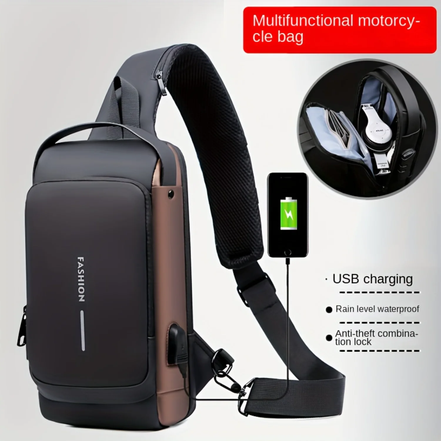 Men's Anti-theft Shoulder Bag With USB Charging Port, Fashion Casual Crossbody Bag, Motocycle Sling Bag