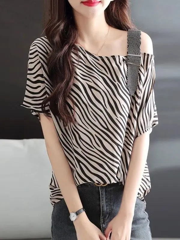 

Elegant Shoulder Bared Striped Short Sleeve Women's Shirt Chic Mommy Fashion Summer 2026 Viscose Polyester Print Commute Style